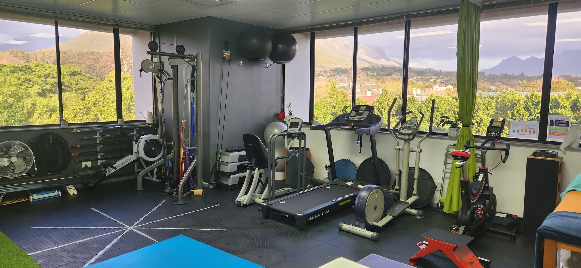 Derryn Holliday's biokinetics studio in Stellenbosch, with rehab equipment and mountain views